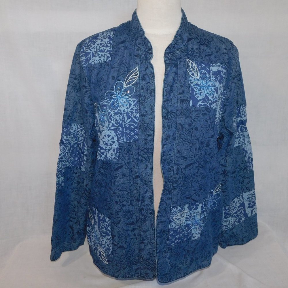 Alfred Dunner Open Floral Denim Patch Work Mandarin Collar Blazer Womens 14 Blue